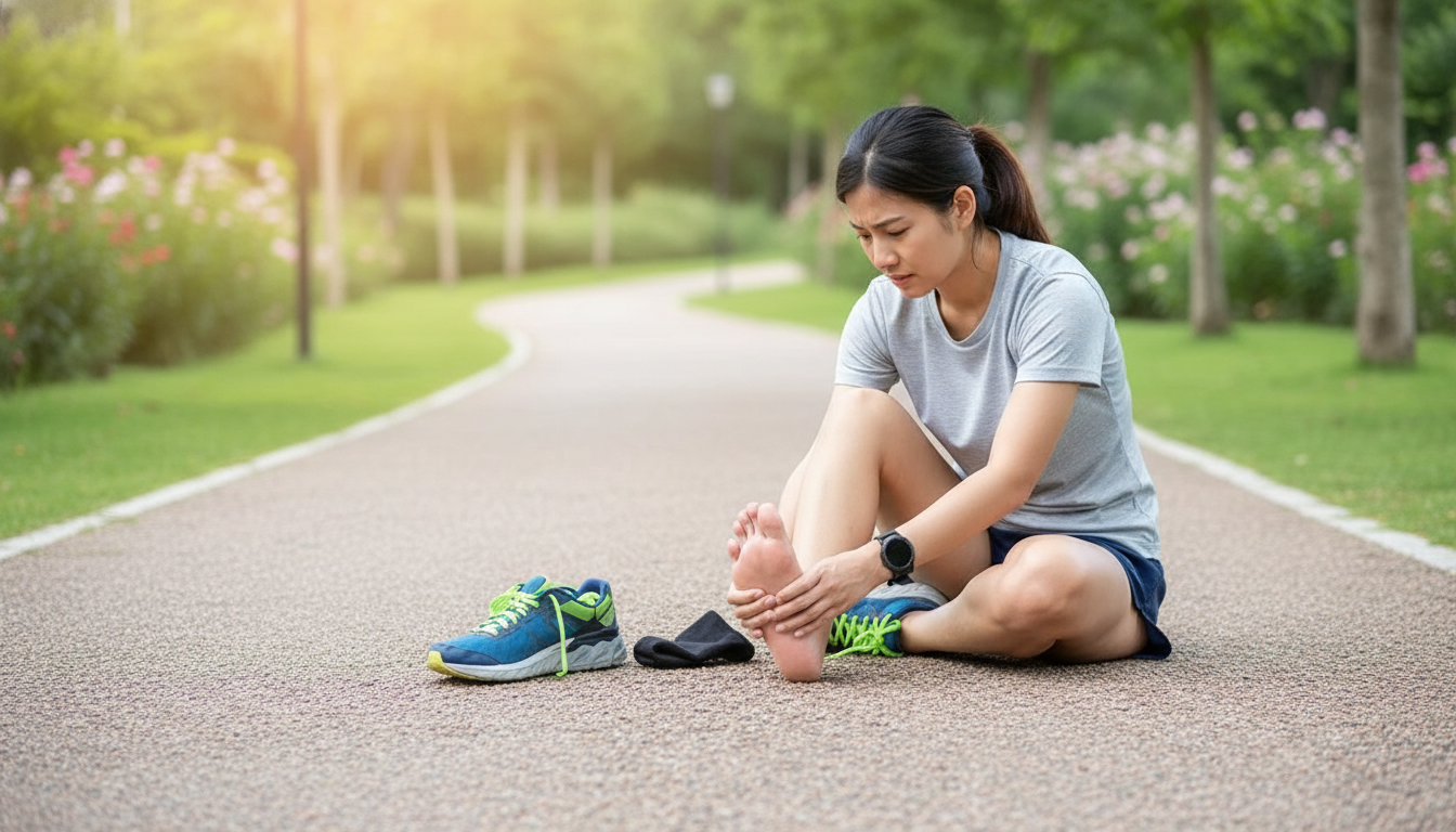 Photo of a female runner with a sore foot, on a trail.