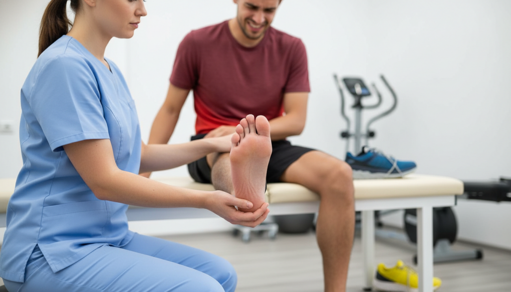 Photo of a Physical Therapist, helping a man stretch to ease the pain.