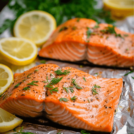 Photo of a filleted grilled wild king salmon with lemon slices.
